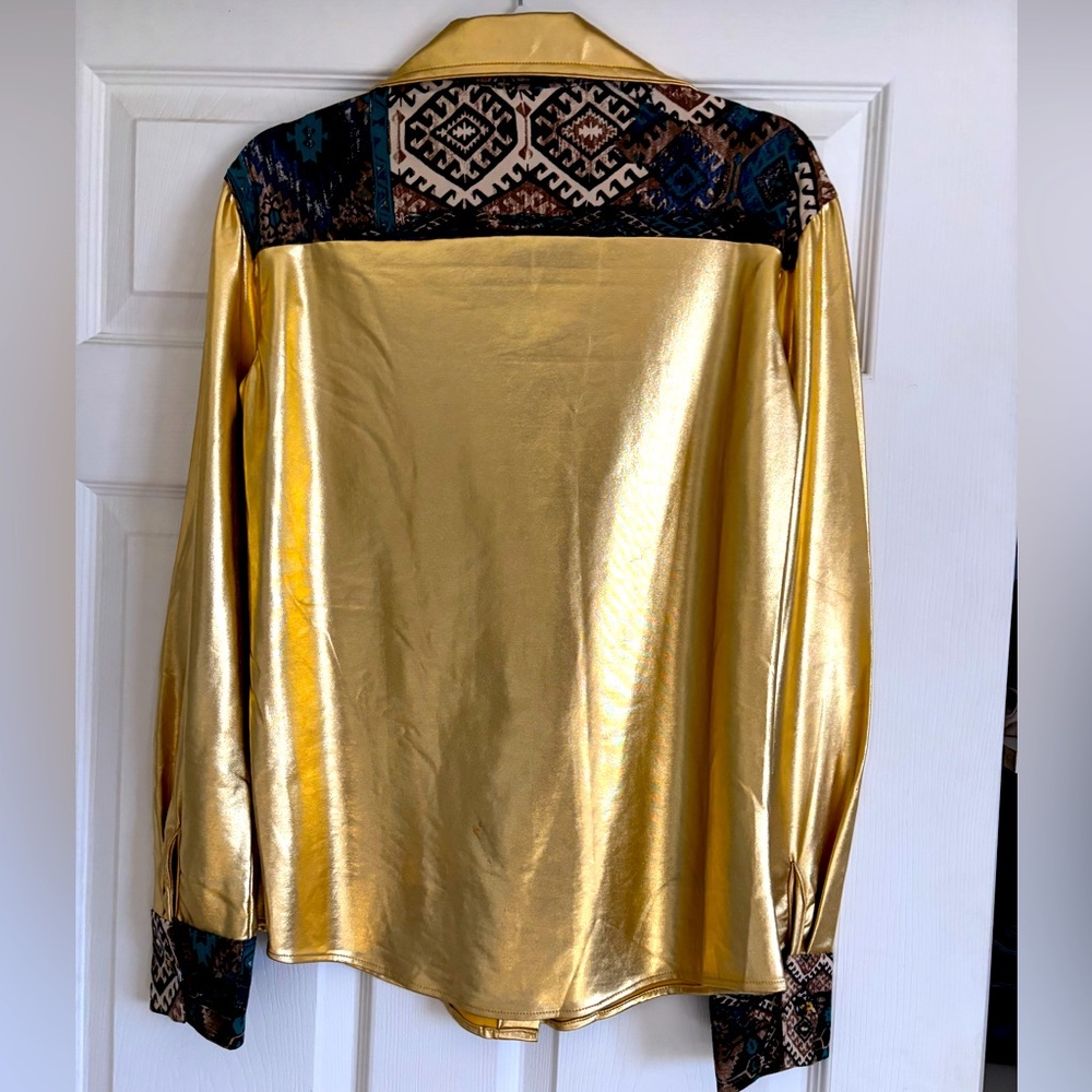 Gold Button Down Shirt With Patterned Accents - image 1
